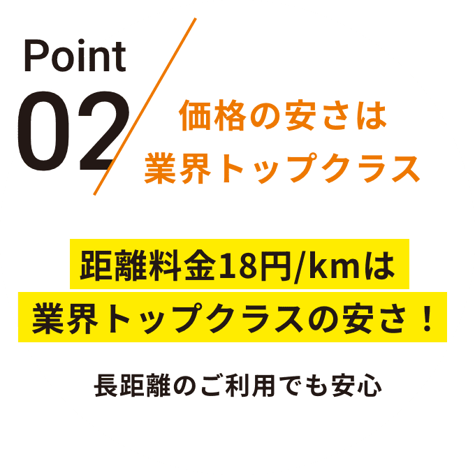 Point02価格の安さは業界トップクラス距離料金16円/kmは業界トップクラスの安さ！短時間、長時間いずれのご利用もお得！